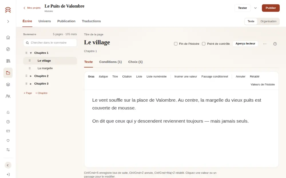 L’espace Écrire : le sommaire à gauche, la page « Le village » au centre et les onglets Texte, Conditions et Choix.