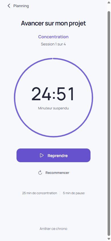 L’écran de concentration de Tempo, en français, avec le minuteur en pause sur une activité de démonstration.